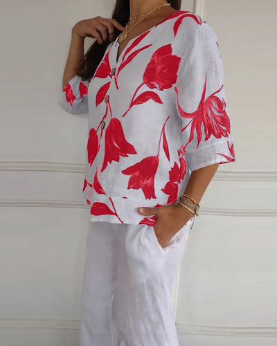 Haut boutonné en coton et lin imprimé fleuri