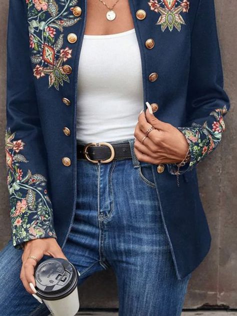 Veste sans col avec un imprimé floral populaire