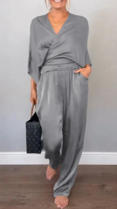 Ensemble 2 pièces élégant pour femme, haut à col en V et pantalon en coton mercerisé