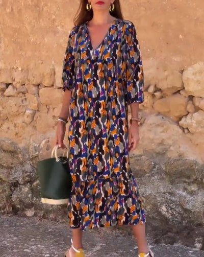 Robe col V imprimé rétro  - 💖 SPÉCIAL FÊTE DES MÈRES 👩‍🦳