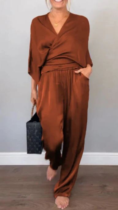 Ensemble 2 pièces élégant pour femme, haut à col en V et pantalon en coton mercerisé