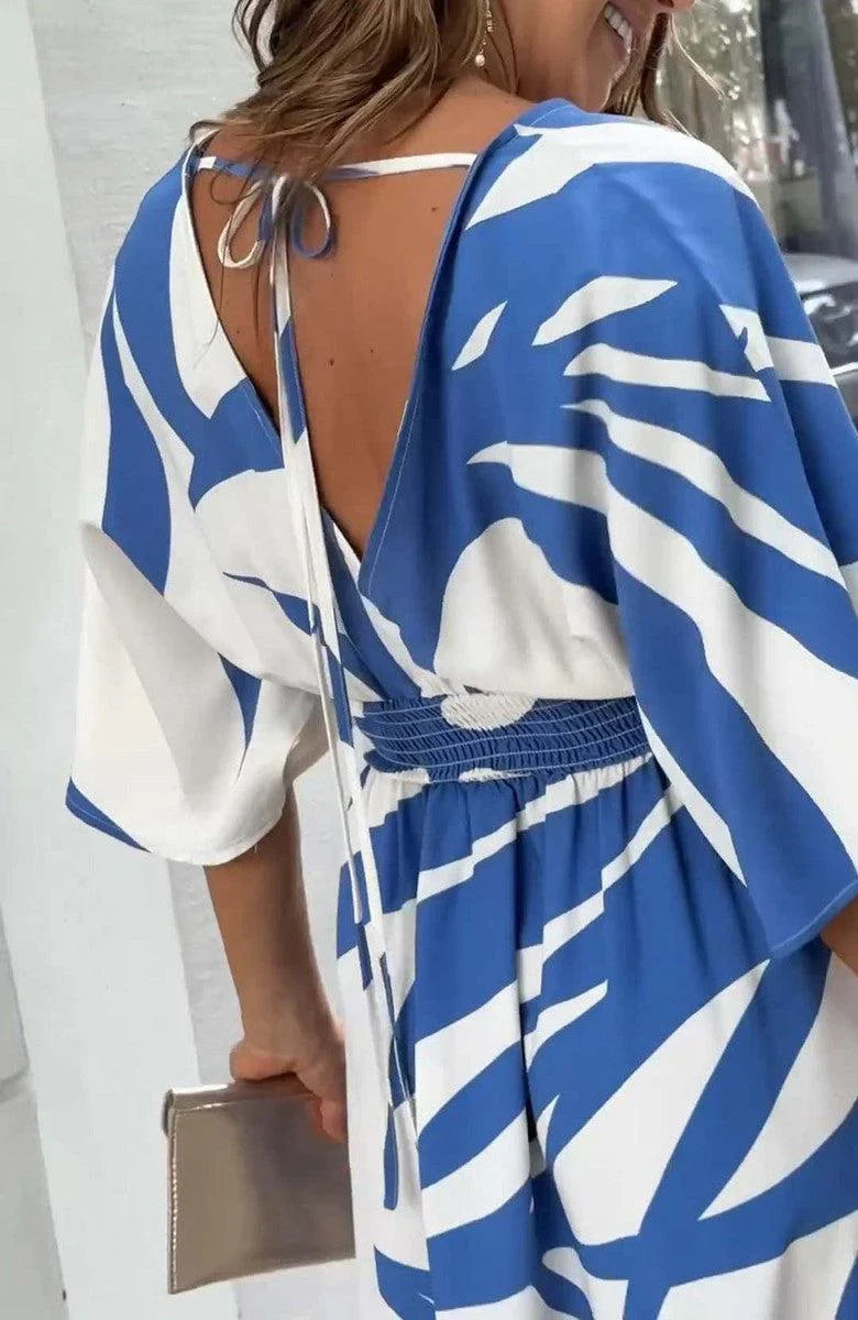 Robe à manches trois quarts avec imprimé bleu