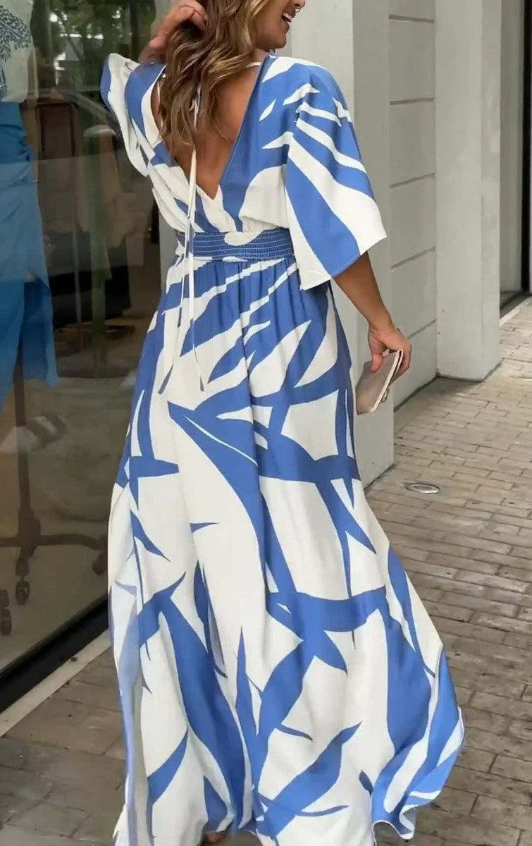 Robe à manches trois quarts avec imprimé bleu