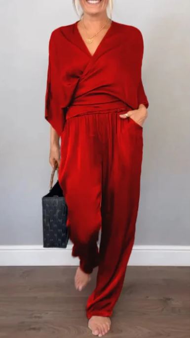 Ensemble 2 pièces élégant pour femme, haut à col en V et pantalon en coton mercerisé