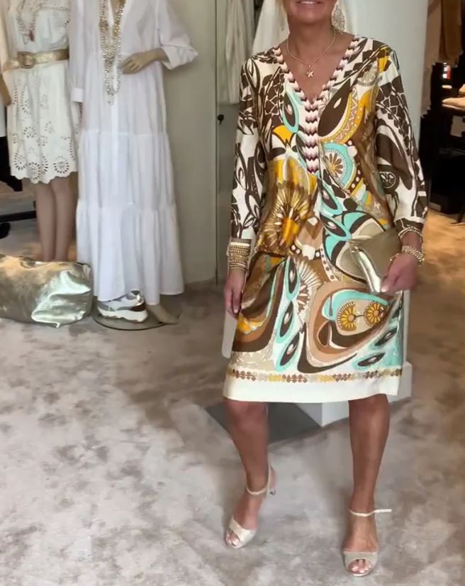 Robe décontractée à imprimé rétro et col en V