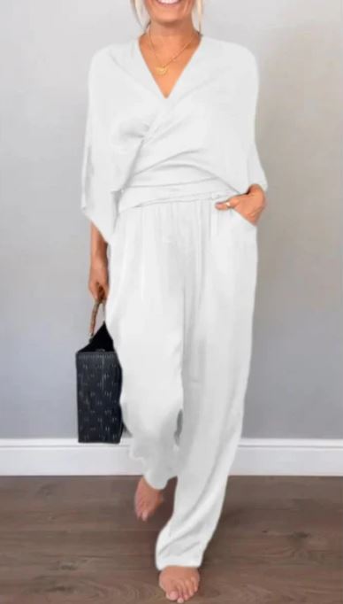 Ensemble 2 pièces élégant pour femme, haut à col en V et pantalon en coton mercerisé