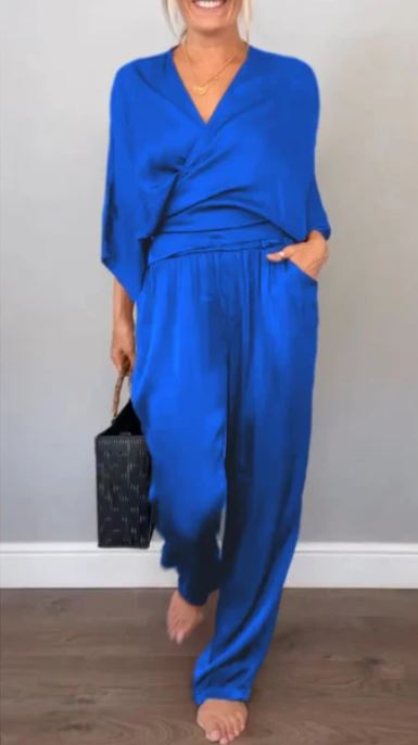 Ensemble 2 pièces élégant pour femme, haut à col en V et pantalon en coton mercerisé