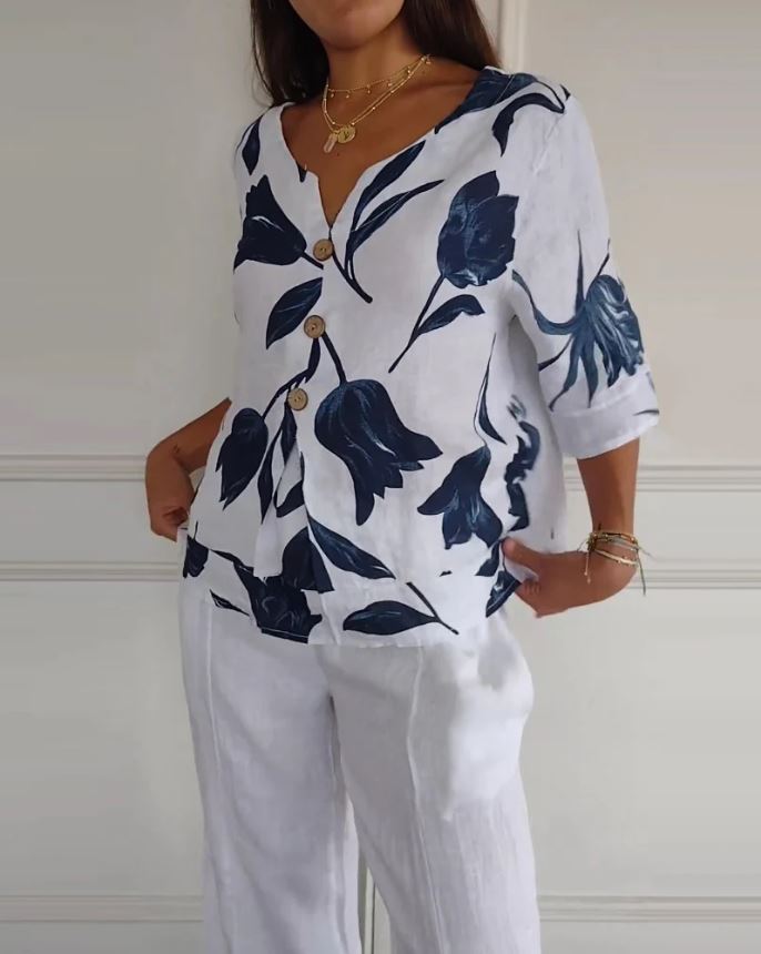 Haut boutonné en coton et lin imprimé fleuri