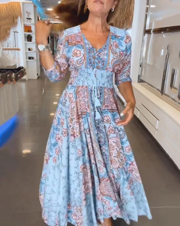 Robe de vacances à col en V et manches 3/4 - 💖 SPÉCIAL FÊTE DES MÈRES 👩‍🦳