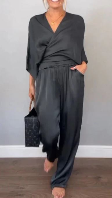 Ensemble 2 pièces élégant pour femme, haut à col en V et pantalon en coton mercerisé