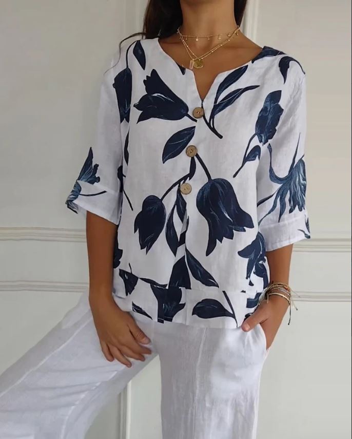 Haut boutonné en coton et lin imprimé fleuri