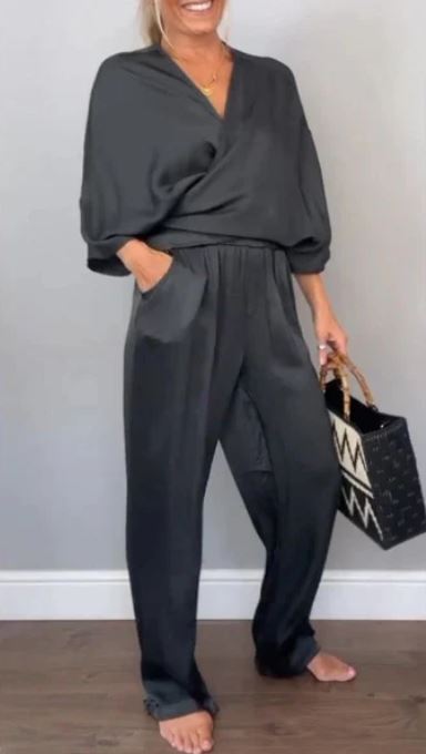 Ensemble 2 pièces élégant pour femme, haut à col en V et pantalon en coton mercerisé