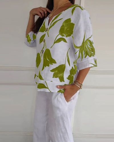 Haut boutonné en coton et lin imprimé fleuri