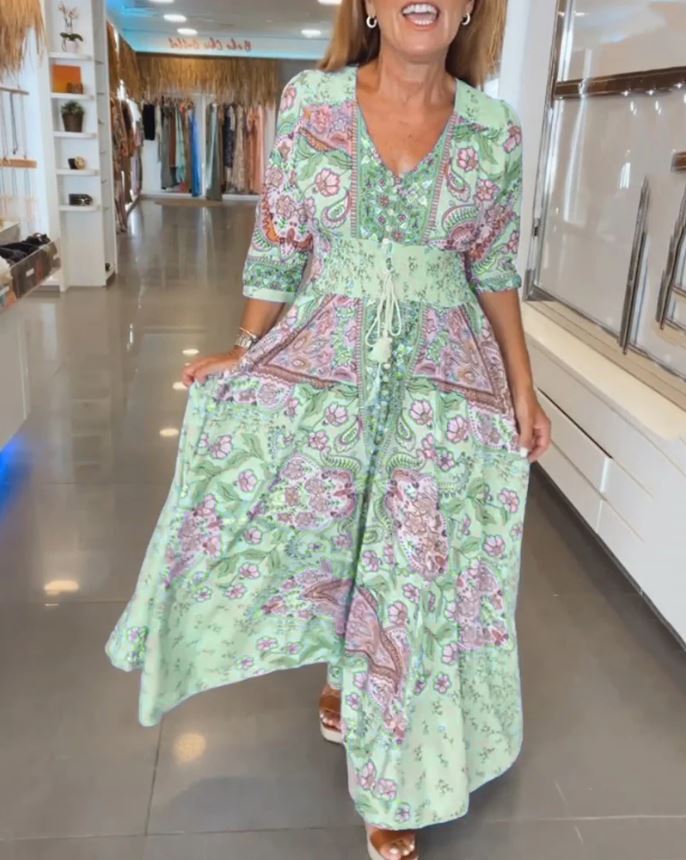 Robe de vacances à col en V et manches 3/4 - 💖 SPÉCIAL FÊTE DES MÈRES 👩‍🦳