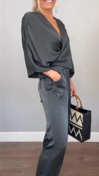 Ensemble 2 pièces élégant pour femme, haut à col en V et pantalon en coton mercerisé