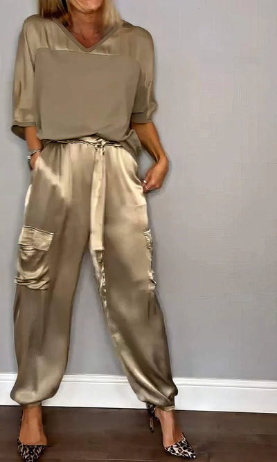 Ensemble Élégant en Satin Deux Pièces avec Blouse et Pantalon