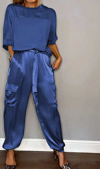 Ensemble Élégant en Satin Deux Pièces avec Blouse et Pantalon