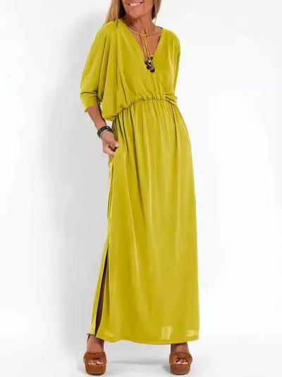 Robe longue vintage de soirée pour femme, col en V et taille haute