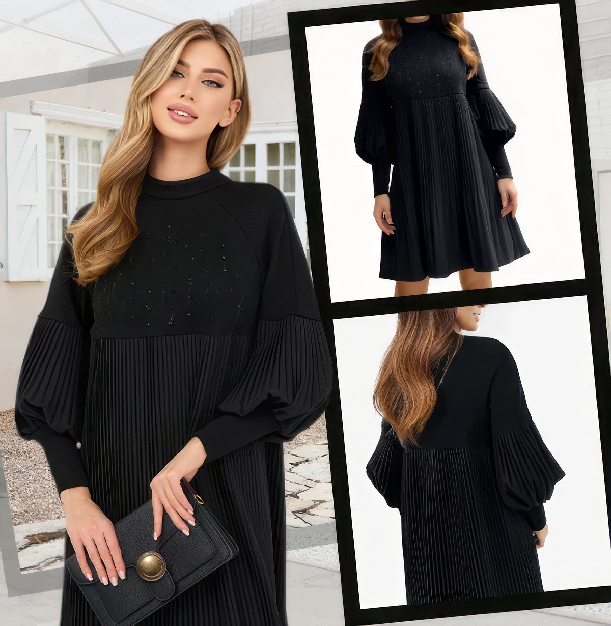 Robe grande taille avec manches lanternes et col montant