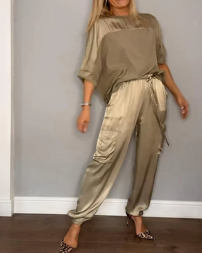 Ensemble Élégant en Satin Deux Pièces avec Blouse et Pantalon