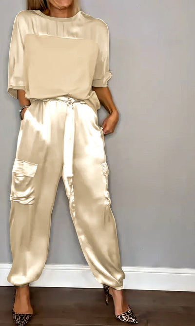 Ensemble Élégant en Satin Deux Pièces avec Blouse et Pantalon