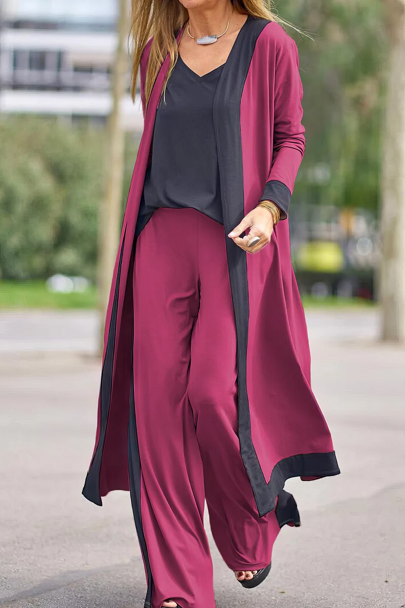 Ensemble 3 pièces pour femme : cardigan, top et pantalon large